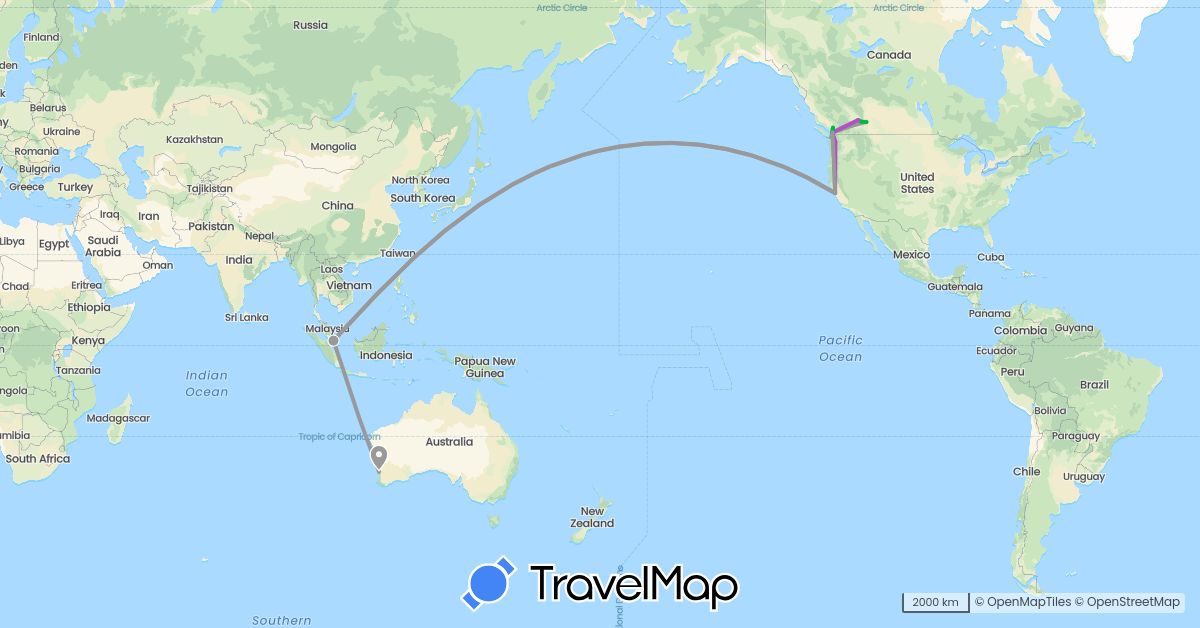 TravelMap itinerary: driving, bus, plane, train, boat in Australia, Canada, Singapore, United States (Asia, North America, Oceania)
